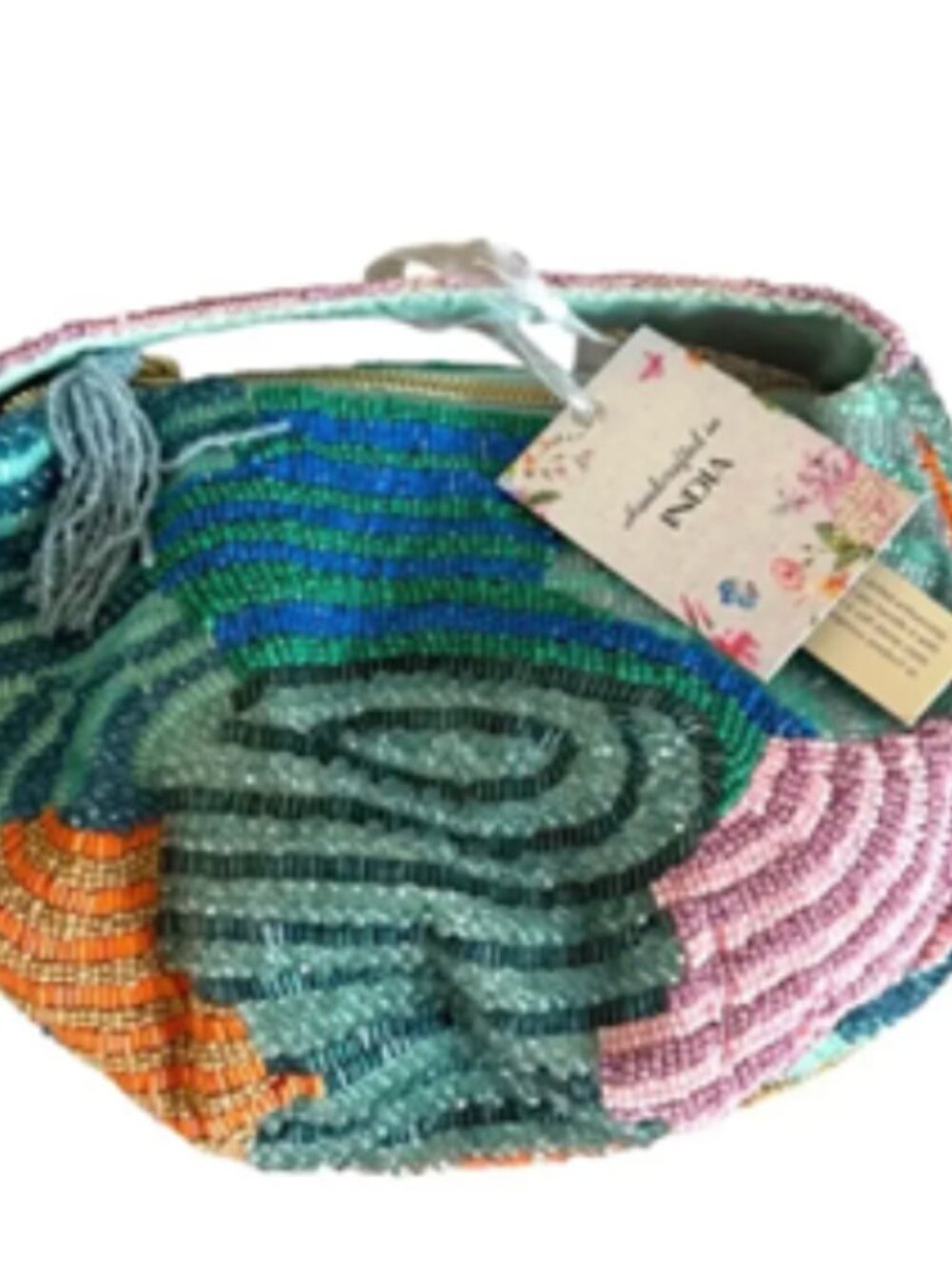 Handcrafted in India Beaded Hobo Bag Blue Abstract Colorful Design NWT - Picture 4 of 7